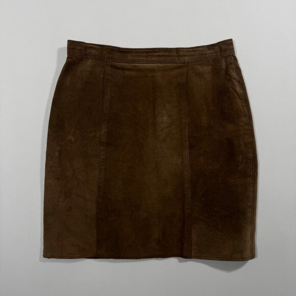 Vintage Suede Leather Mini Pencil Skirt Brown Tan L 13 Western Boho Chic Fall - Picture 9 of 11